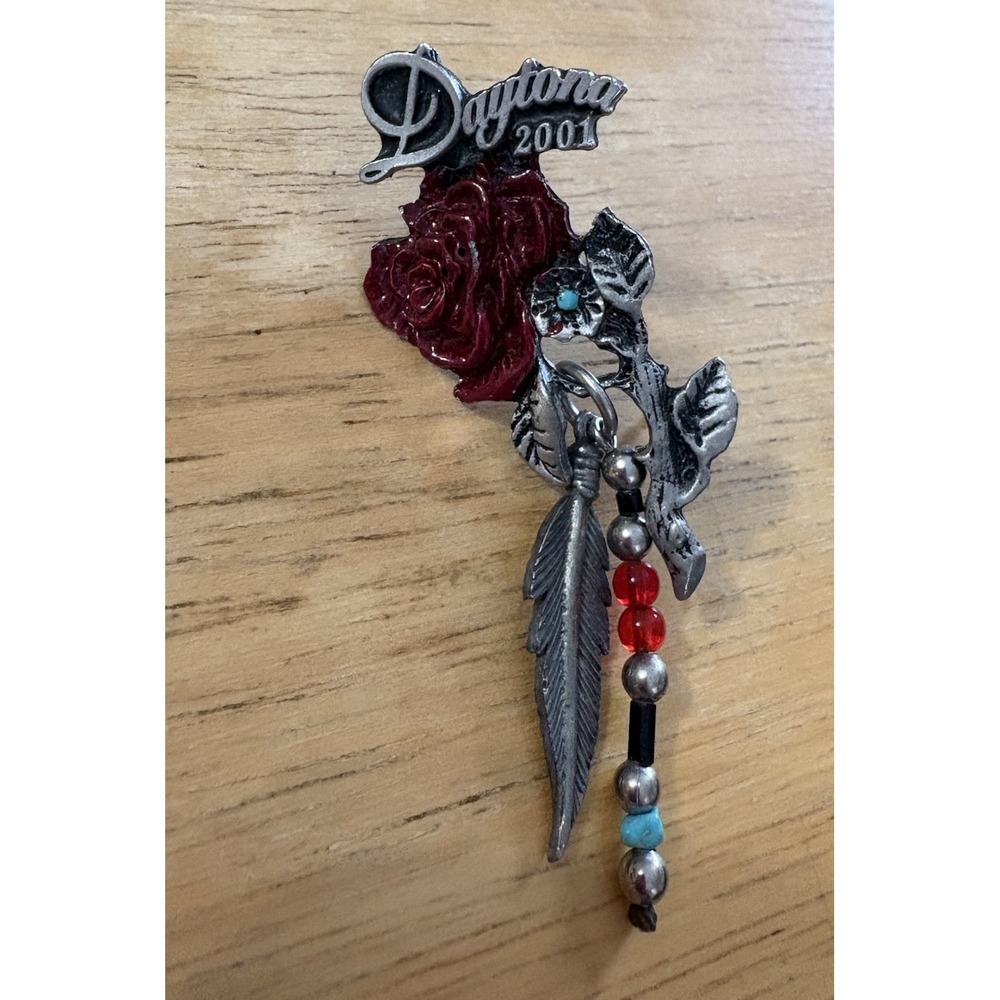 Daytona 2001 Rose Floral Brooch Souvenir Lapel Pin Feather Beads
